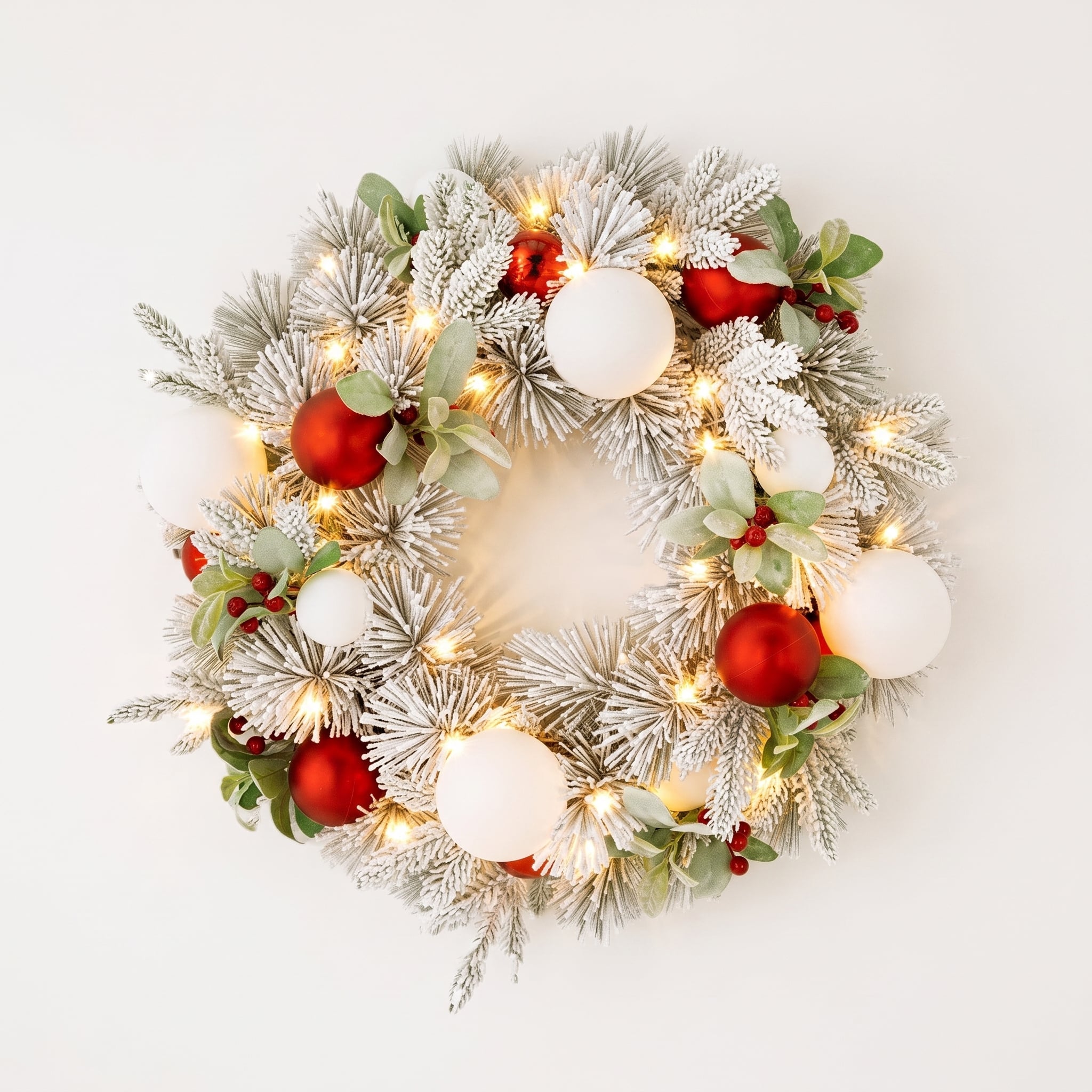 Christabelle 61cm Snowy Elegance Christmas Wreath Pre Lit Warm White LED Red Baubles Berries Front Door Xmas Decoration