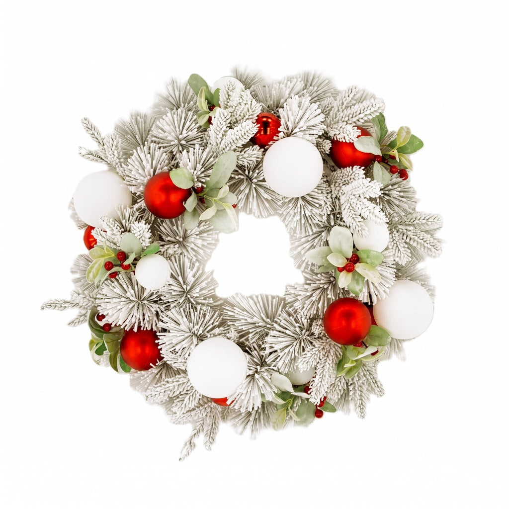 Christabelle 61cm Snowy Elegance Christmas Wreath Pre Lit Warm White LED Red Baubles Berries Front Door Xmas Decoration