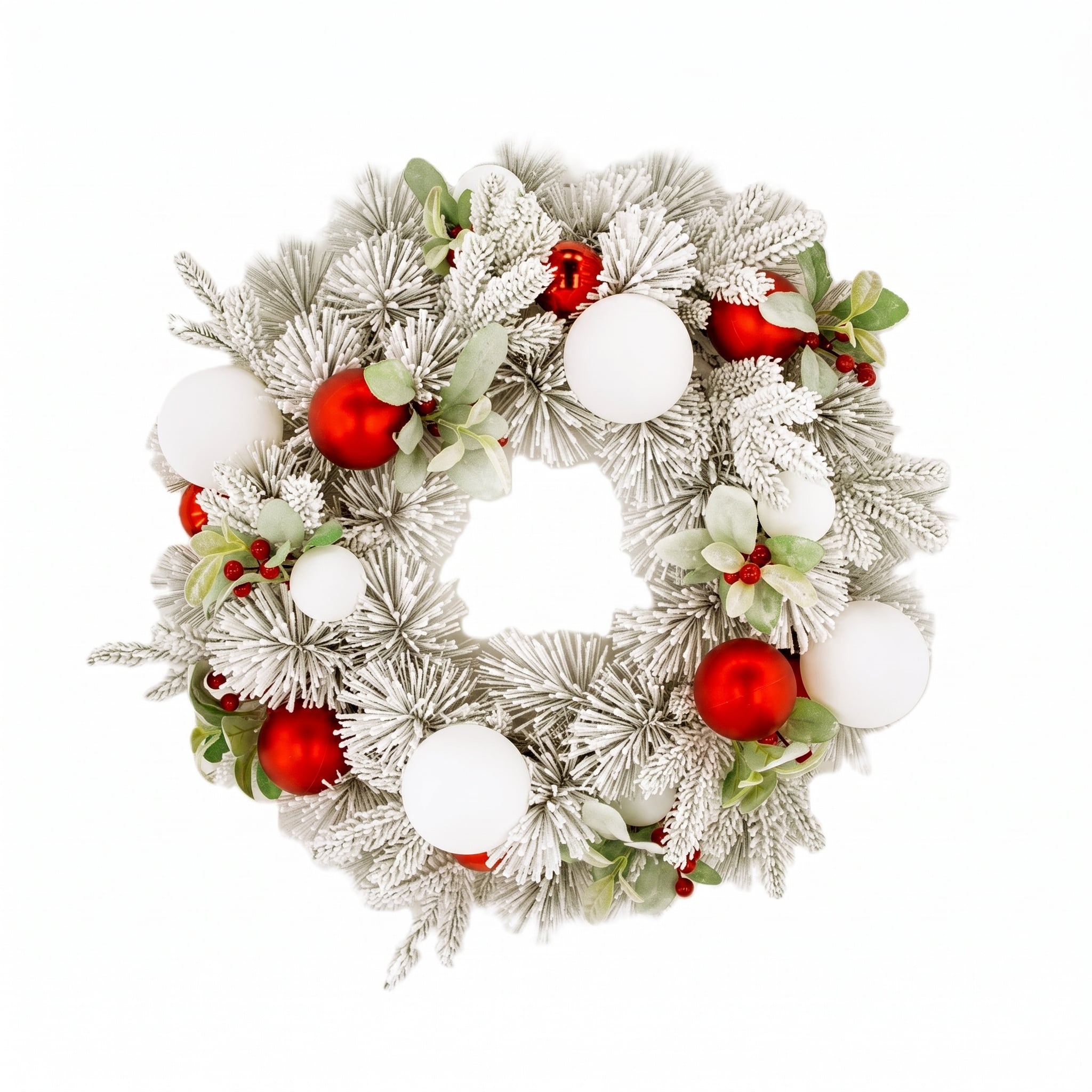 Christabelle 61cm Snowy Elegance Christmas Wreath Pre Lit Warm White LED Red Baubles Berries Front Door Xmas Decoration