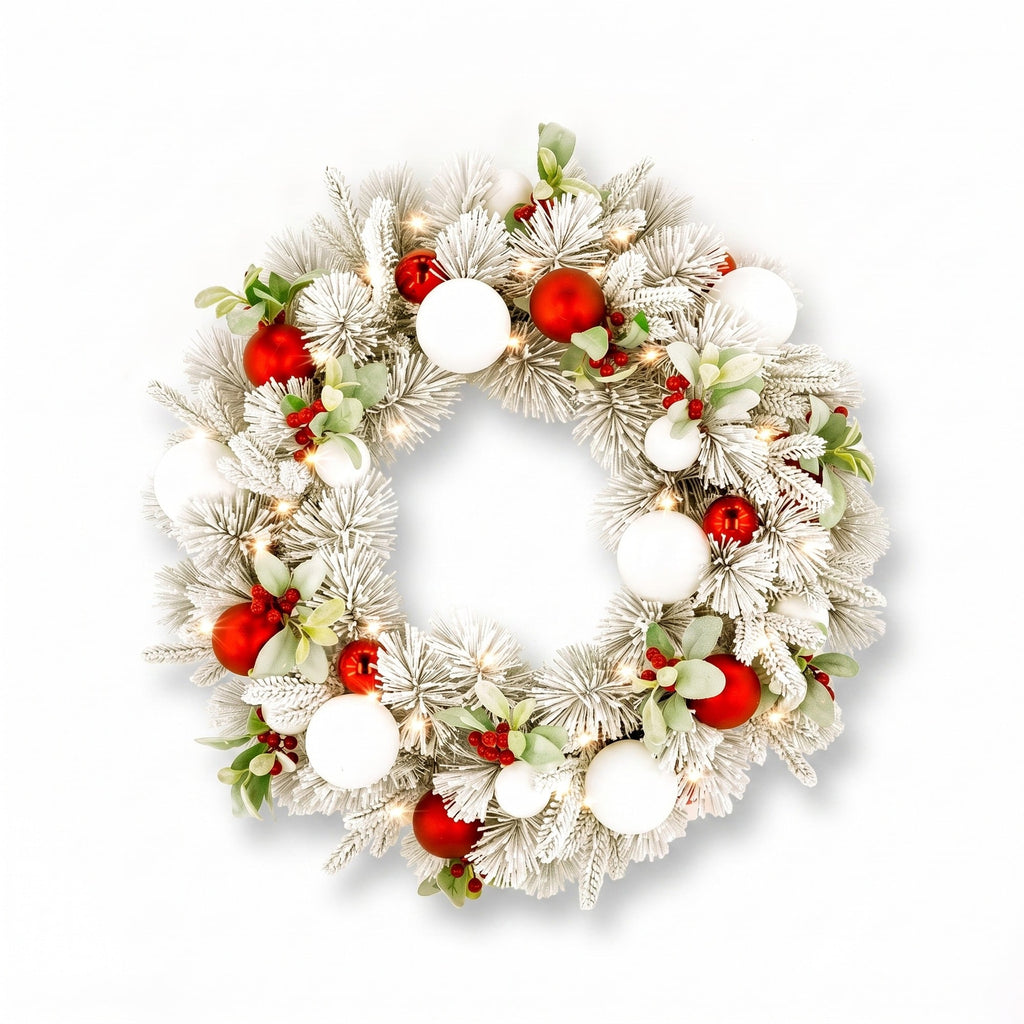 Christabelle 76cm Snowy Elegance Christmas Wreath Pre Lit Warm White LED Red Baubles Berries Front Door Xmas Decoration