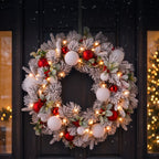 Christabelle 76cm Snowy Elegance Christmas Wreath Pre Lit Warm White LED Red Baubles Berries Front Door Xmas Decoration