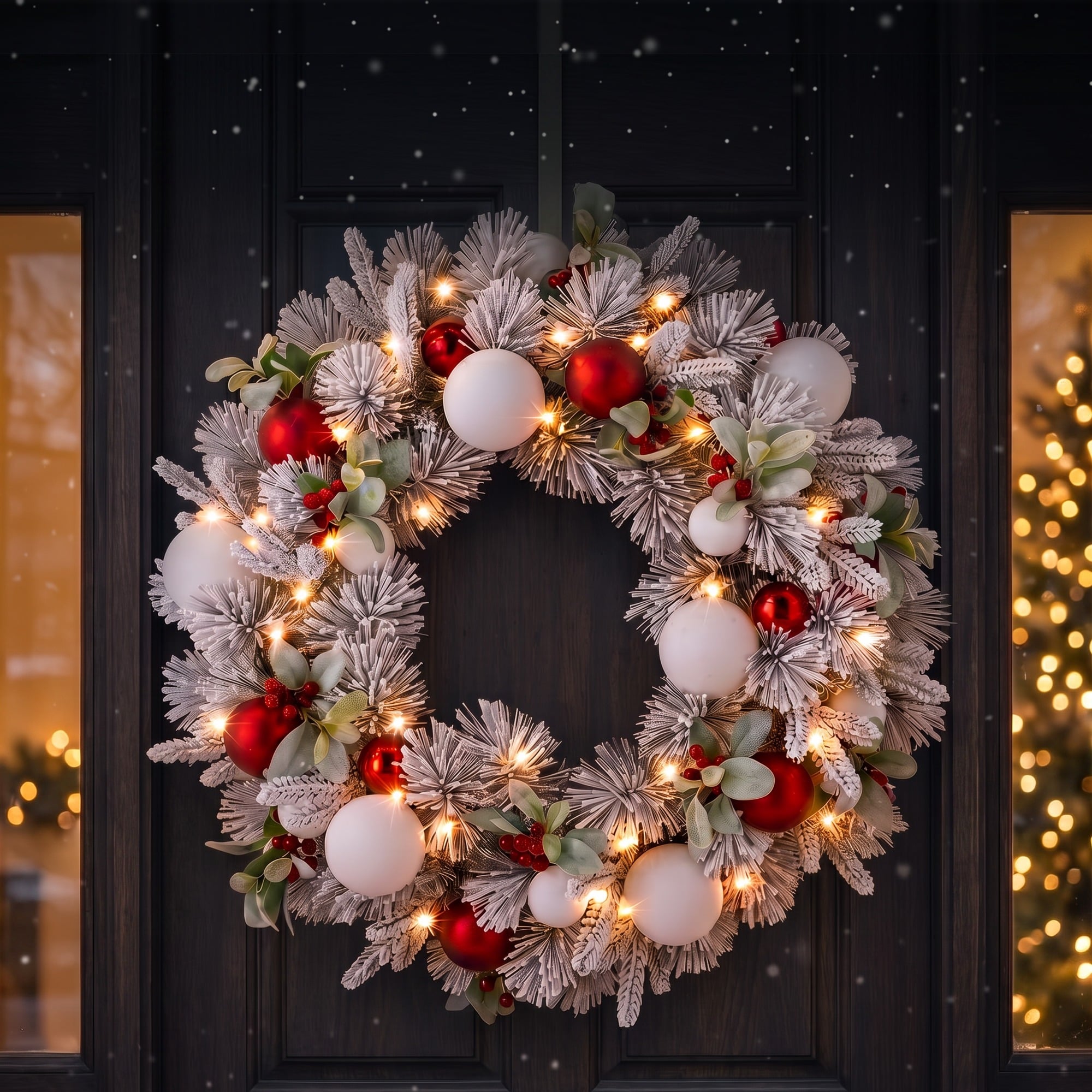 Christabelle 76cm Snowy Elegance Christmas Wreath Pre Lit Warm White LED Red Baubles Berries Front Door Xmas Decoration
