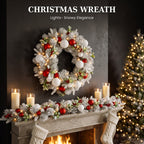 Christabelle 76cm Snowy Elegance Christmas Wreath Pre Lit Warm White LED Red Baubles Berries Front Door Xmas Decoration