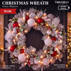 Christabelle 76cm Snowy Elegance Christmas Wreath Pre Lit Warm White LED Red Baubles Berries Front Door Xmas Decoration