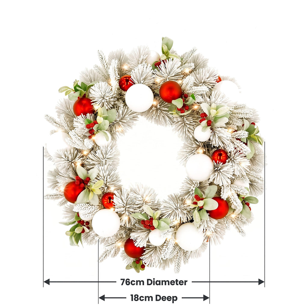 Christabelle 76cm Snowy Elegance Christmas Wreath Pre Lit Warm White LED Red Baubles Berries Front Door Xmas Decoration