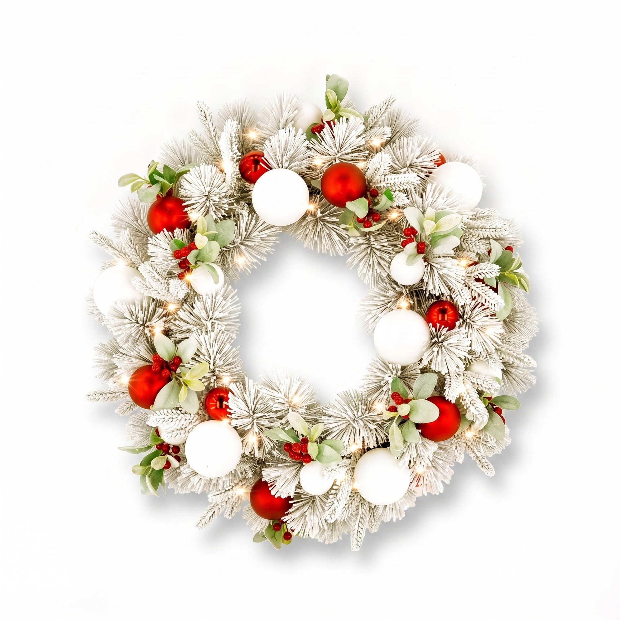Christabelle 76cm Snowy Elegance Christmas Wreath Pre Lit Warm White LED Red Baubles Berries Front Door Xmas Decoration
