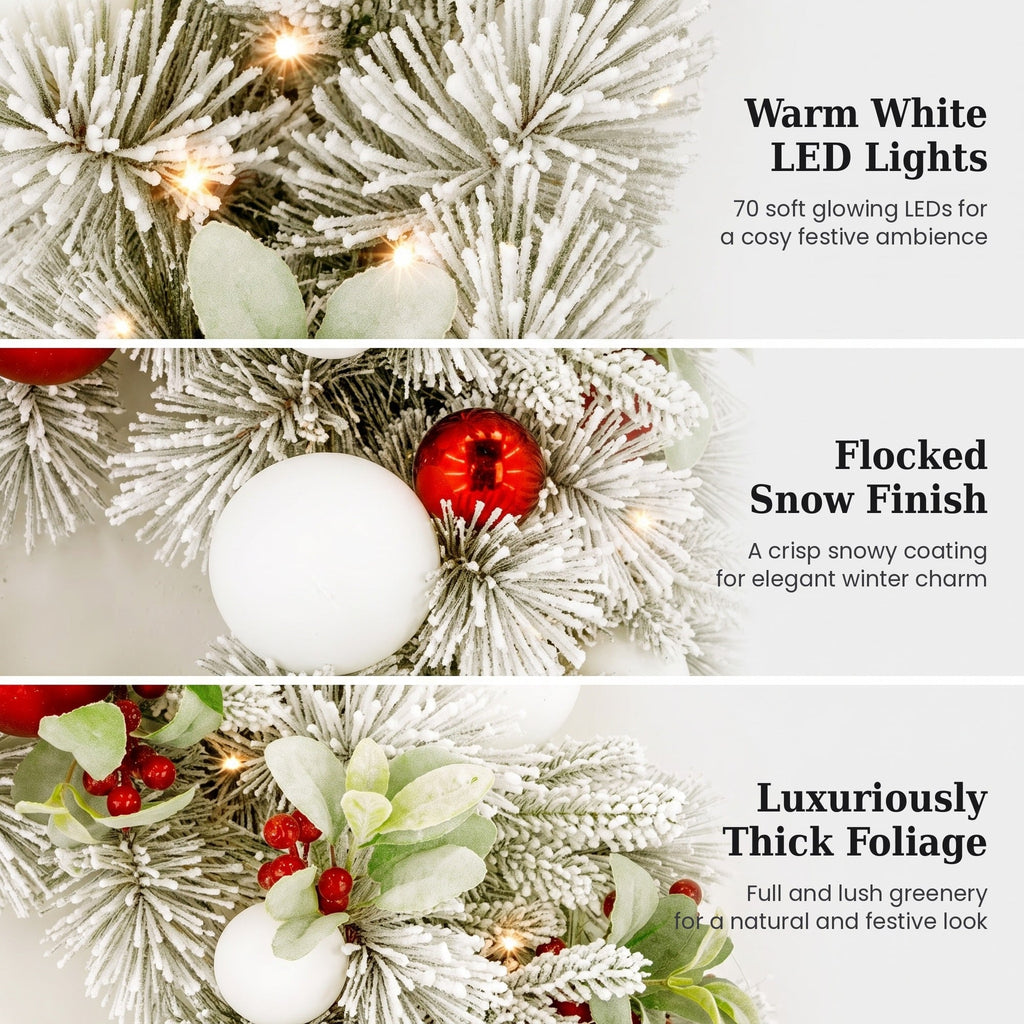 Christabelle 76cm Snowy Elegance Christmas Wreath Pre Lit Warm White LED Red Baubles Berries Front Door Xmas Decoration