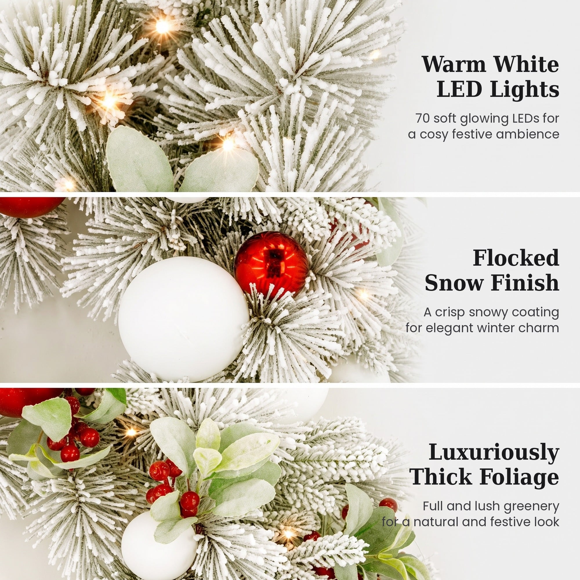 Christabelle 76cm Snowy Elegance Christmas Wreath Pre Lit Warm White LED Red Baubles Berries Front Door Xmas Decoration