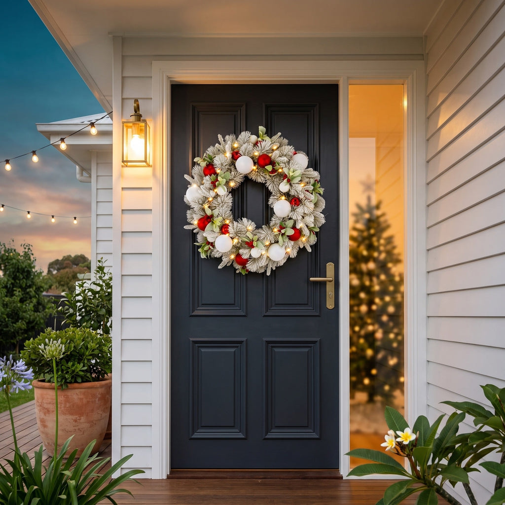 Christabelle 76cm Snowy Elegance Christmas Wreath Pre Lit Warm White LED Red Baubles Berries Front Door Xmas Decoration
