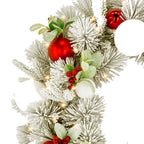 Christabelle 76cm Snowy Elegance Christmas Wreath Pre Lit Warm White LED Red Baubles Berries Front Door Xmas Decoration