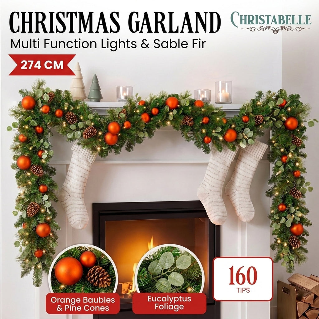Christabelle 2.74m Sable Fir Christmas Garland Pre Lit Multi Function LED Timer Mantel Staircase Xmas Decoration Home