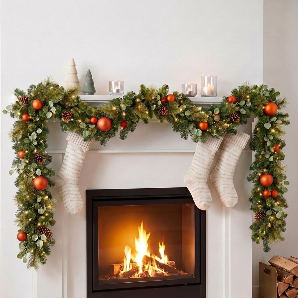 Christabelle 2.74m Sable Fir Christmas Garland Pre Lit Multi Function LED Timer Mantel Staircase Xmas Decoration Home