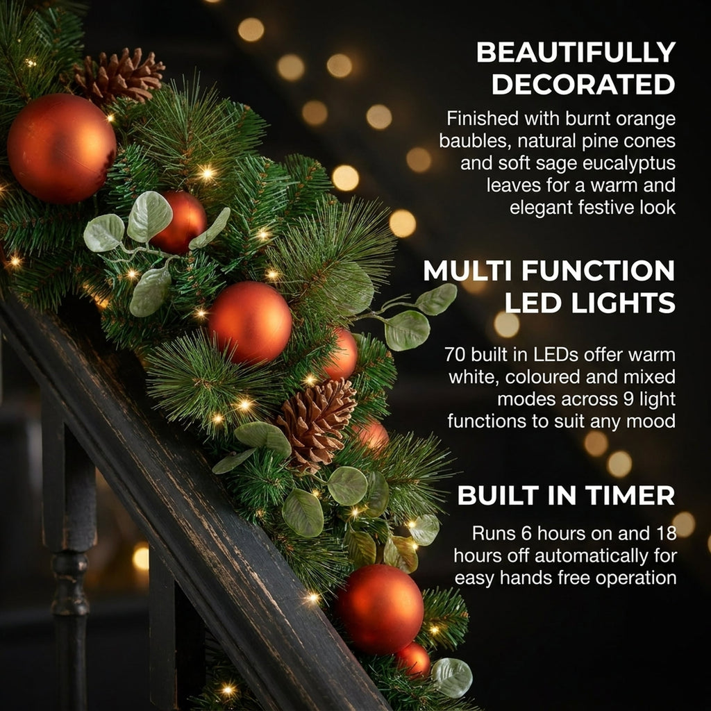 Christabelle 2.74m Sable Fir Christmas Garland Pre Lit Multi Function LED Timer Mantel Staircase Xmas Decoration Home