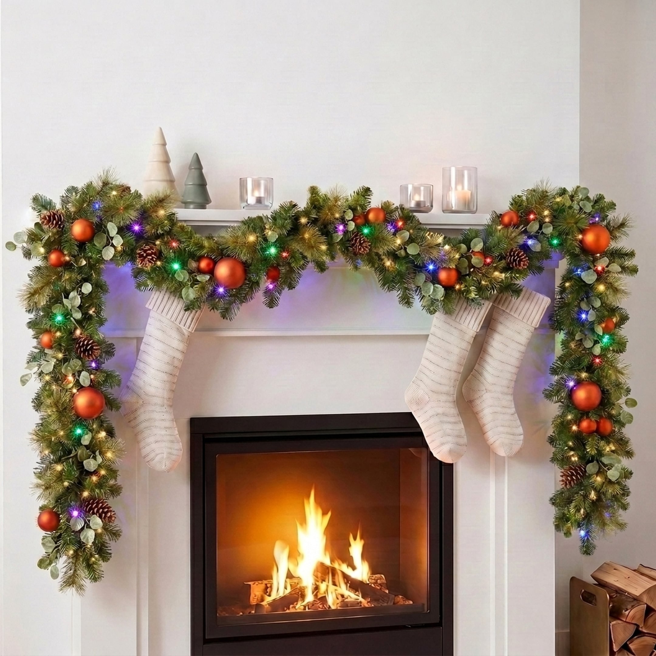 Christabelle 2.74m Sable Fir Christmas Garland Pre Lit Multi Function LED Timer Mantel Staircase Xmas Decoration Home