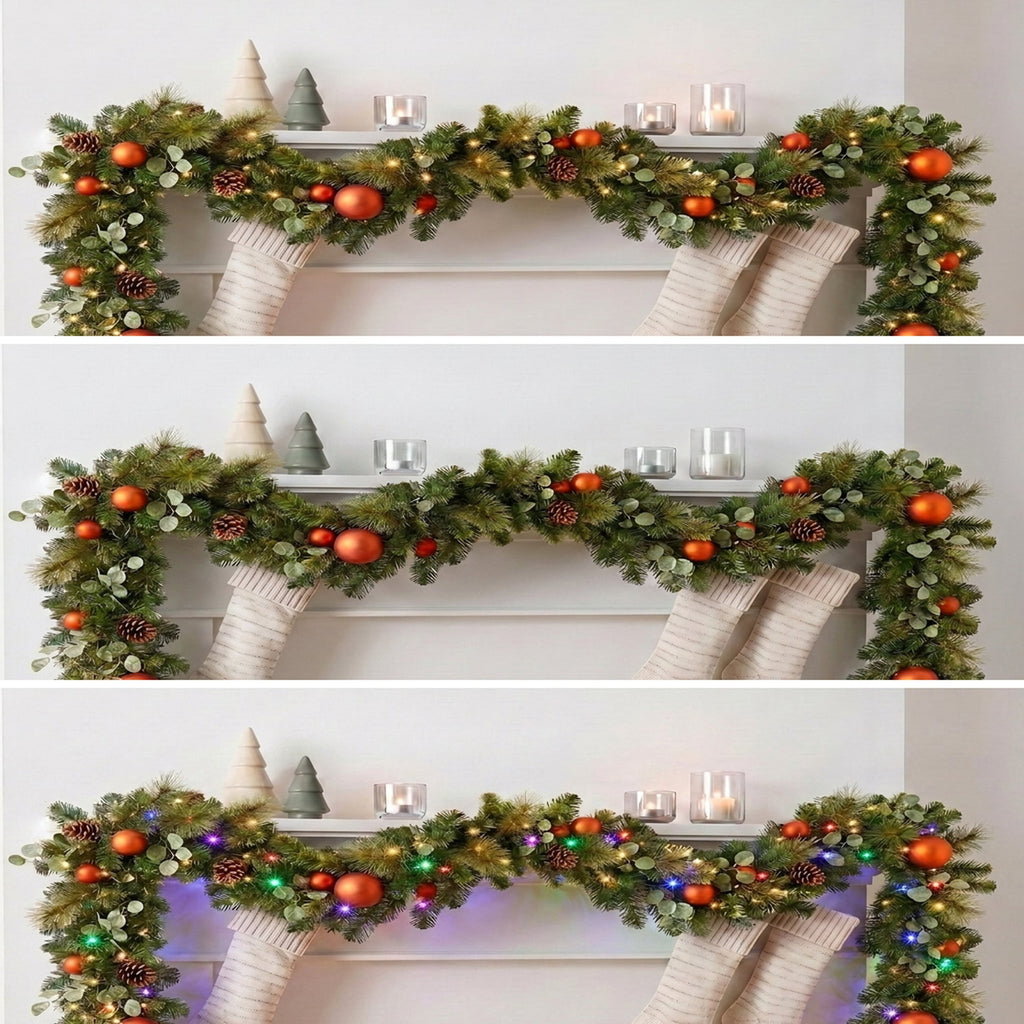 Christabelle 2.74m Sable Fir Christmas Garland Pre Lit Multi Function LED Timer Mantel Staircase Xmas Decoration Home