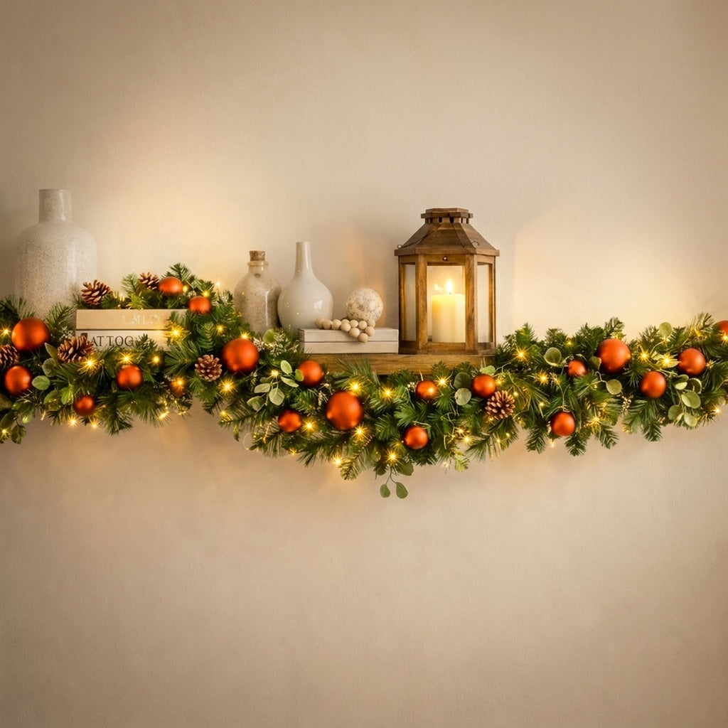 Christabelle 2.74m Sable Fir Christmas Garland Pre Lit Multi Function LED Timer Mantel Staircase Xmas Decoration Home