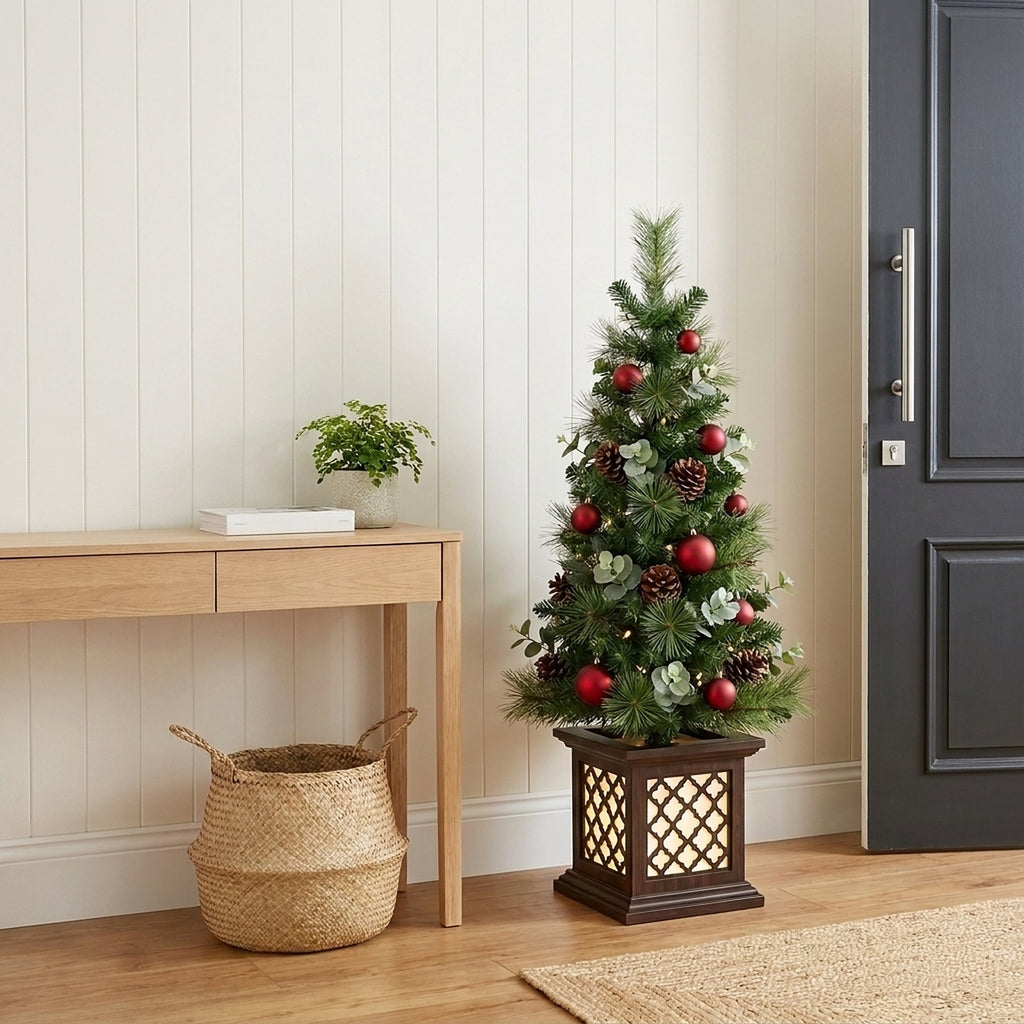 Christabelle 1.2m 4ft Sable Fir Potted Christmas Tree Pre Lit Multi Function LED Artificial Indoor Xmas Decor Home