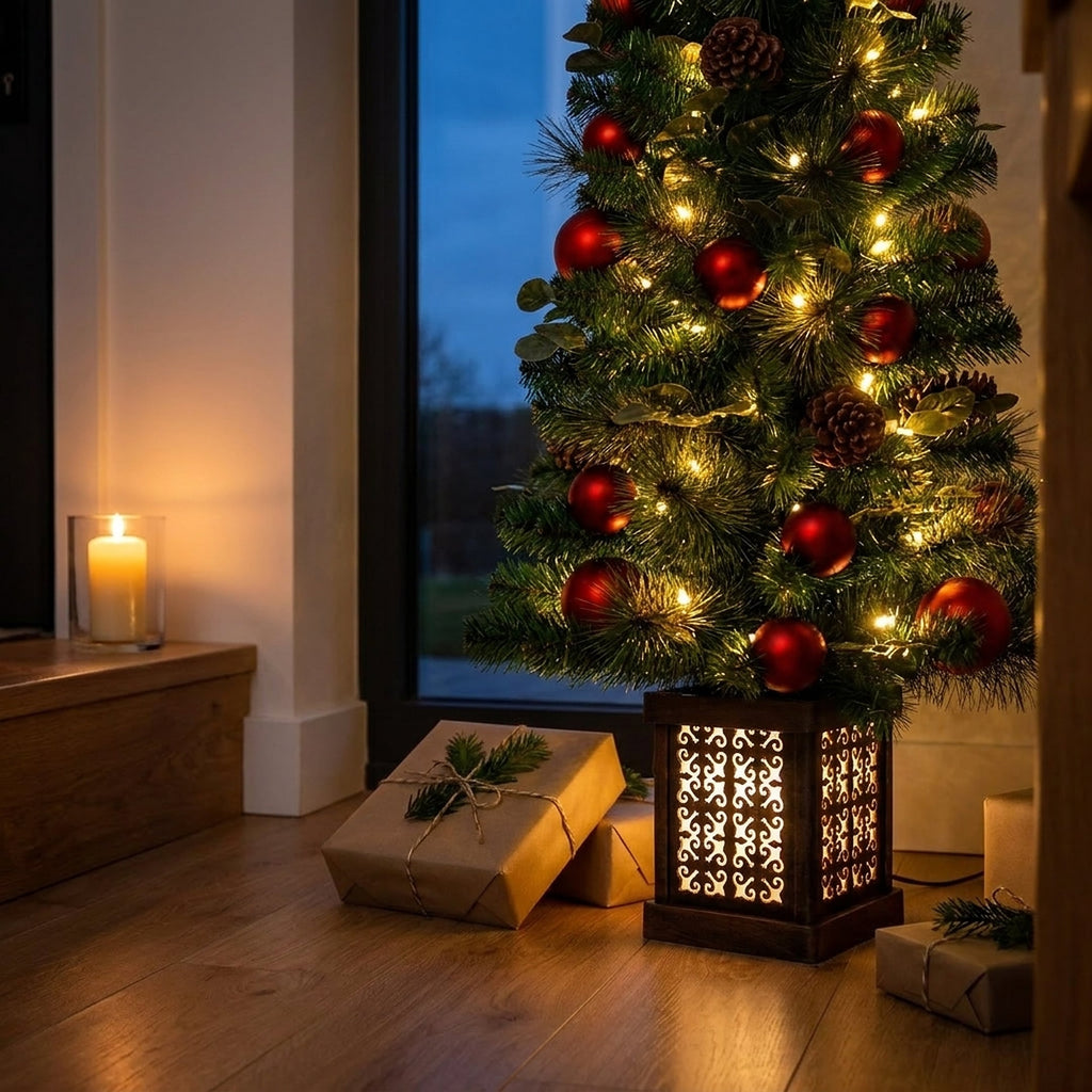 Christabelle 1.2m 4ft Sable Fir Potted Christmas Tree Pre Lit Multi Function LED Artificial Indoor Xmas Decor Home
