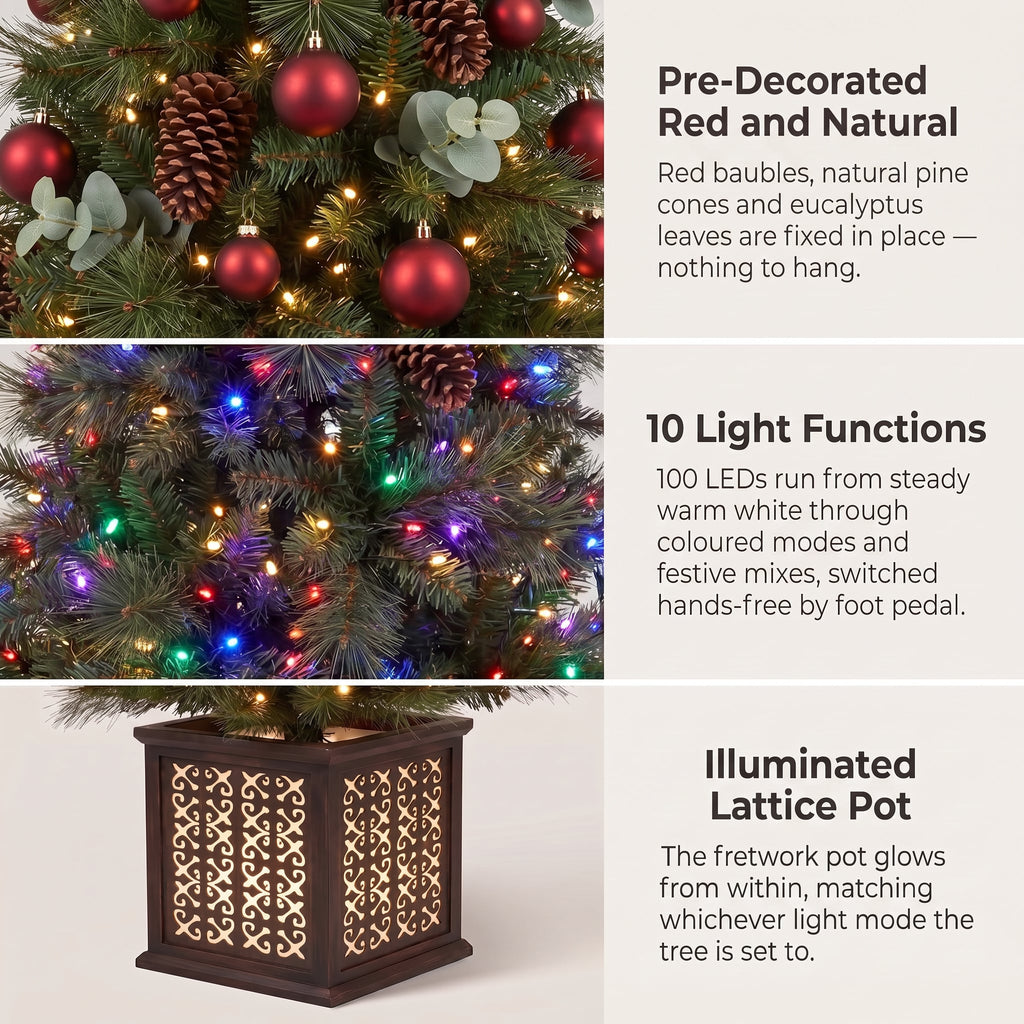 Christabelle 1.2m 4ft Sable Fir Potted Christmas Tree Pre Lit Multi Function LED Artificial Indoor Xmas Decor Home
