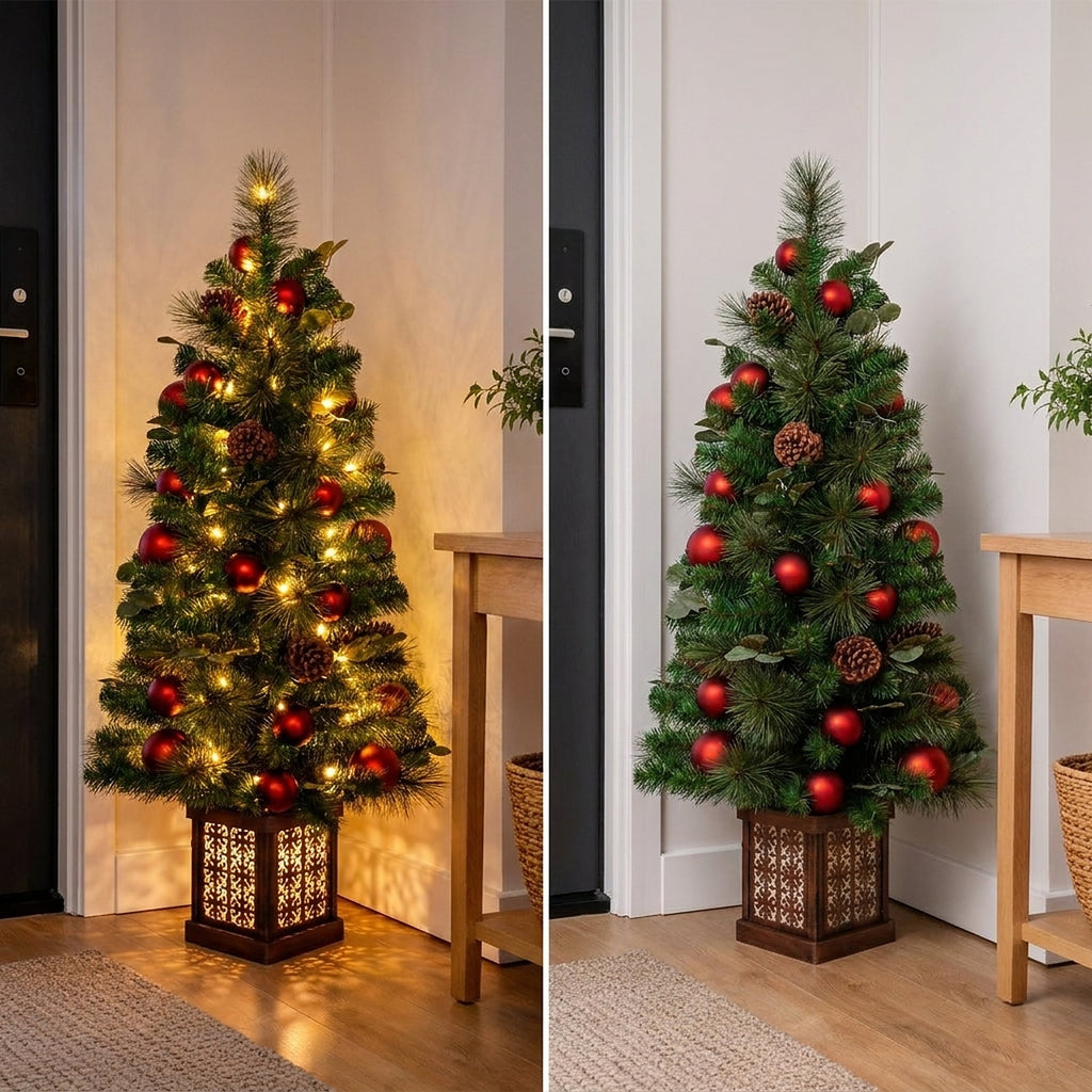 Christabelle 1.2m 4ft Sable Fir Potted Christmas Tree Pre Lit Multi Function LED Artificial Indoor Xmas Decor Home