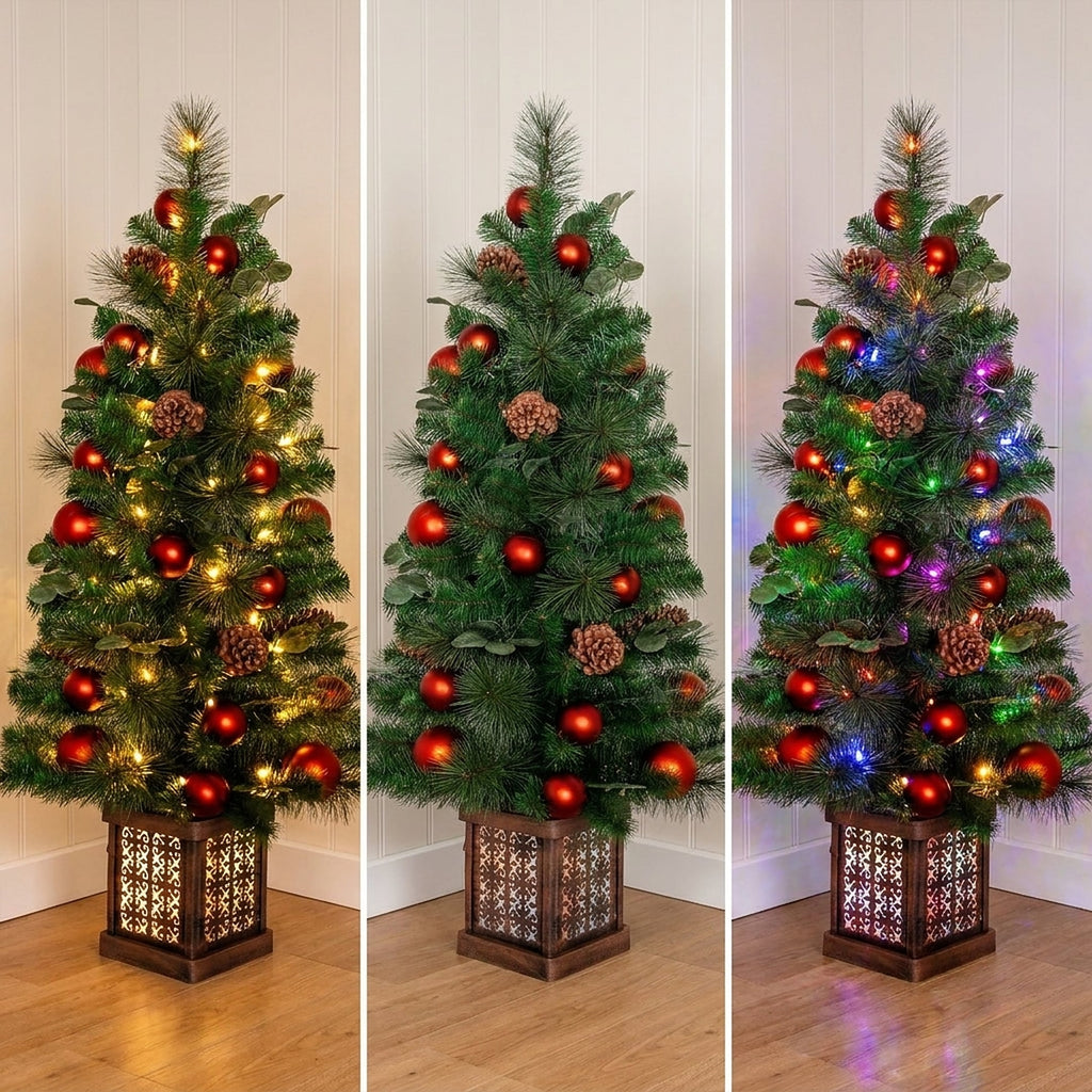 Christabelle 1.2m 4ft Sable Fir Potted Christmas Tree Pre Lit Multi Function LED Artificial Indoor Xmas Decor Home