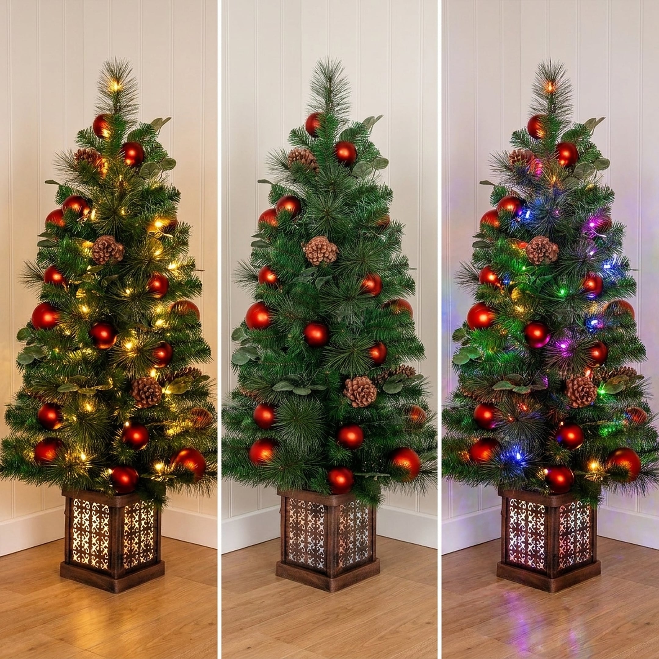 Christabelle 1.2m 4ft Sable Fir Potted Christmas Tree Pre Lit Multi Function LED Artificial Indoor Xmas Decor Home