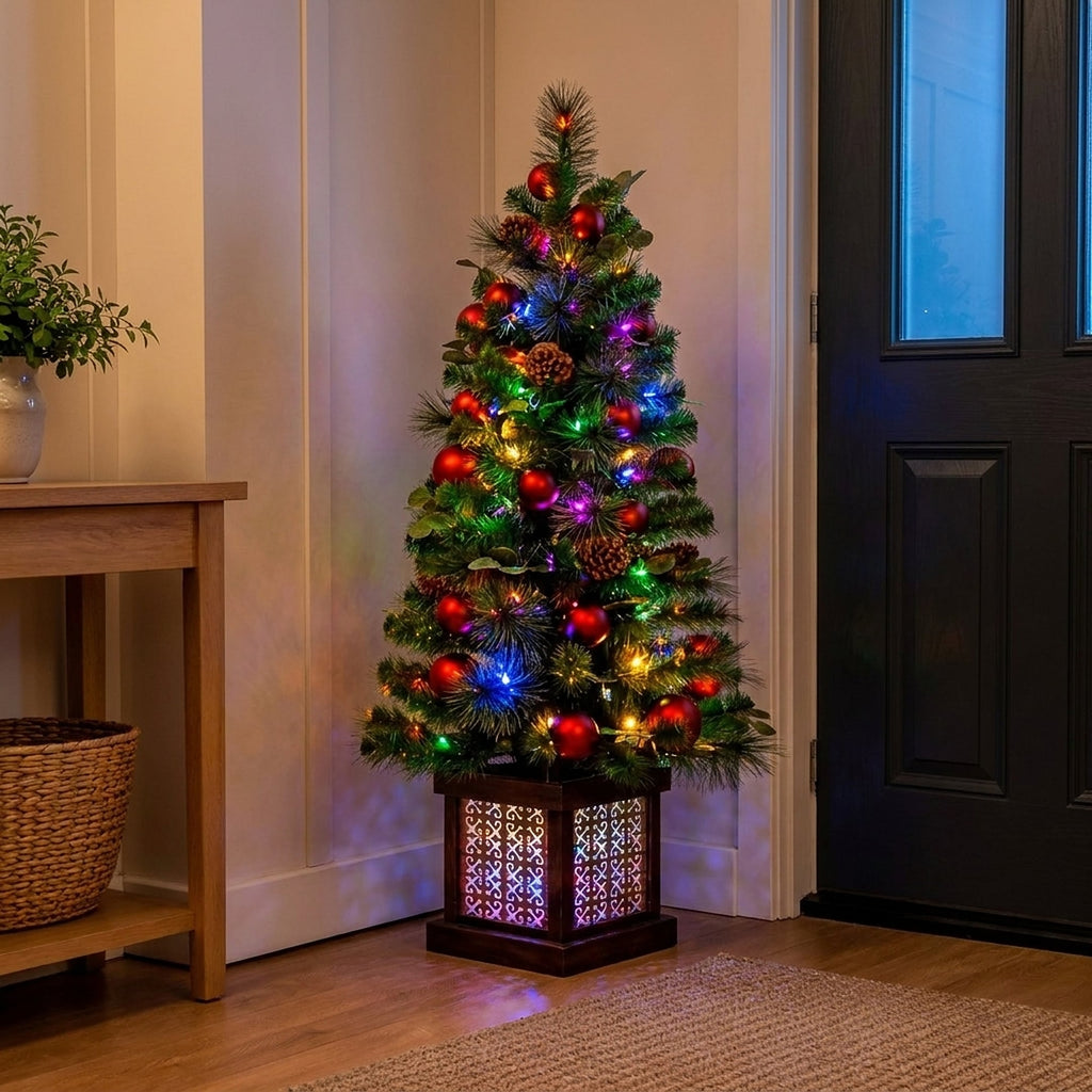 Christabelle 1.2m 4ft Sable Fir Potted Christmas Tree Pre Lit Multi Function LED Artificial Indoor Xmas Decor Home