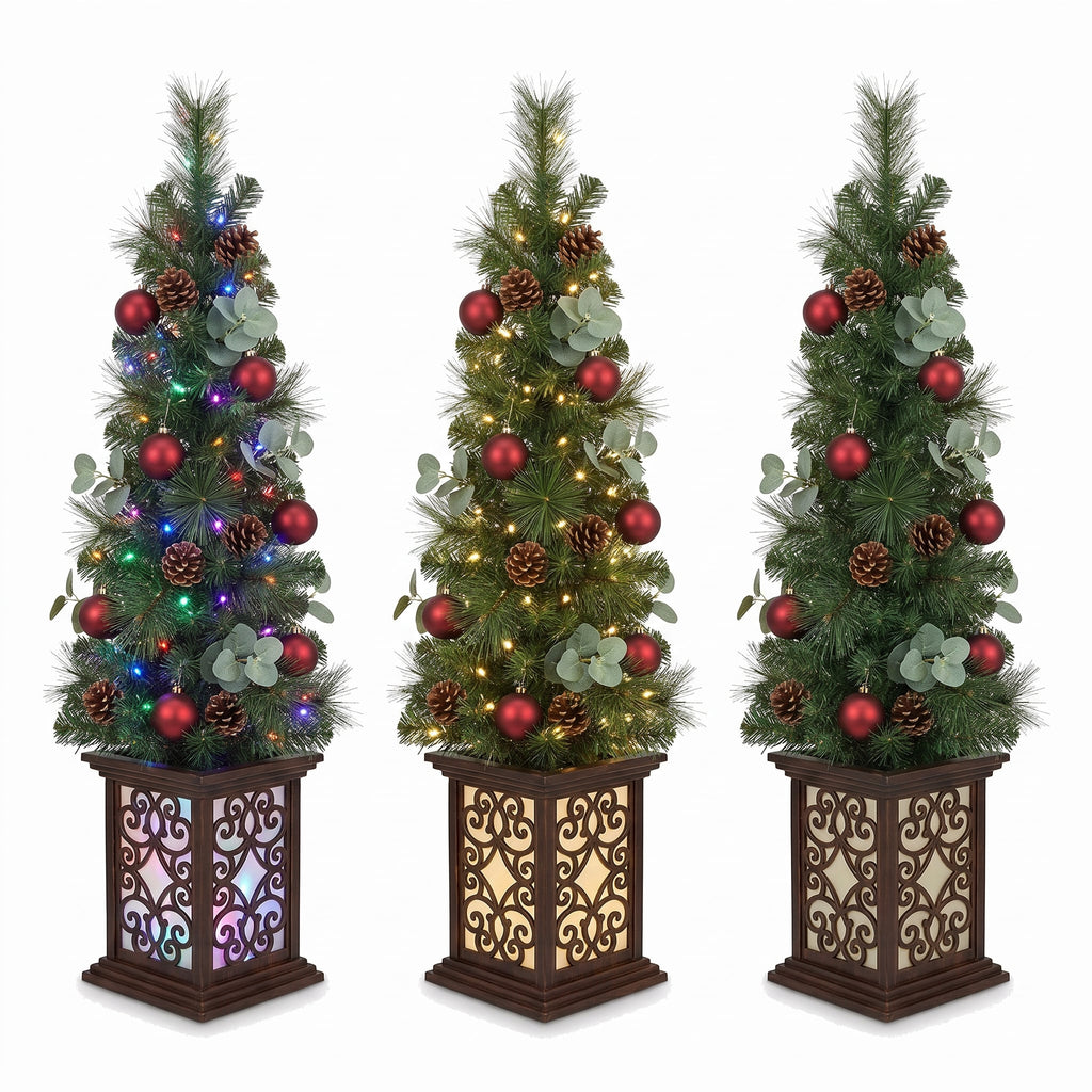 Christabelle 1.2m 4ft Sable Fir Potted Christmas Tree Pre Lit Multi Function LED Artificial Indoor Xmas Decor Home