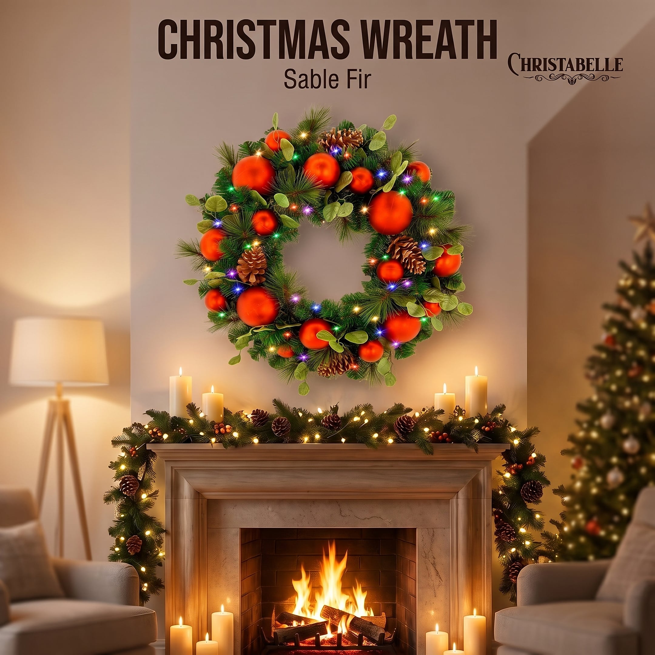 Christabelle 61cm Sable Fir Christmas Wreath Pre Lit Multi Function LED Eucalyptus Pine Cones Red Baubles Home