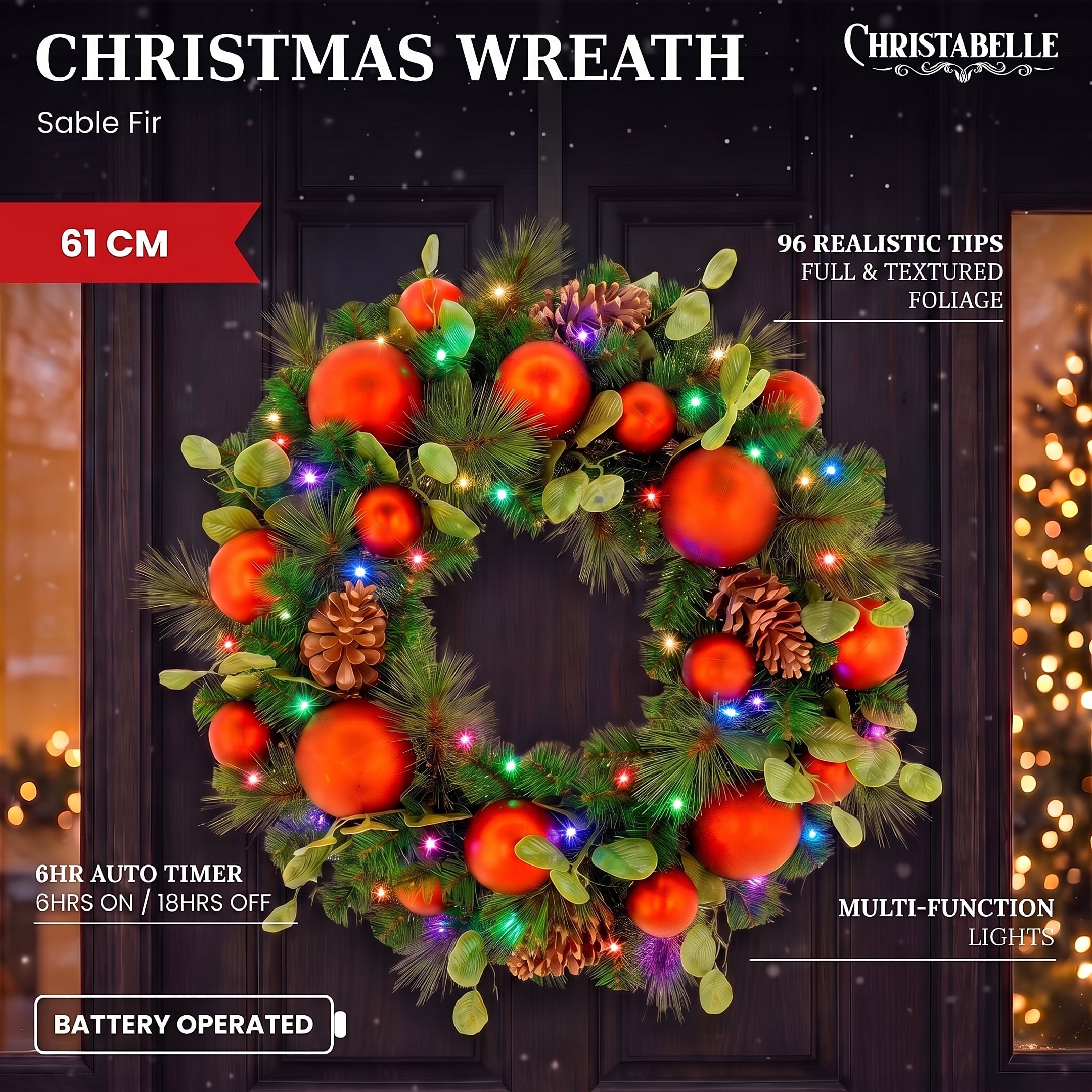 Christabelle 61cm Sable Fir Christmas Wreath Pre Lit Multi Function LED Eucalyptus Pine Cones Red Baubles Home