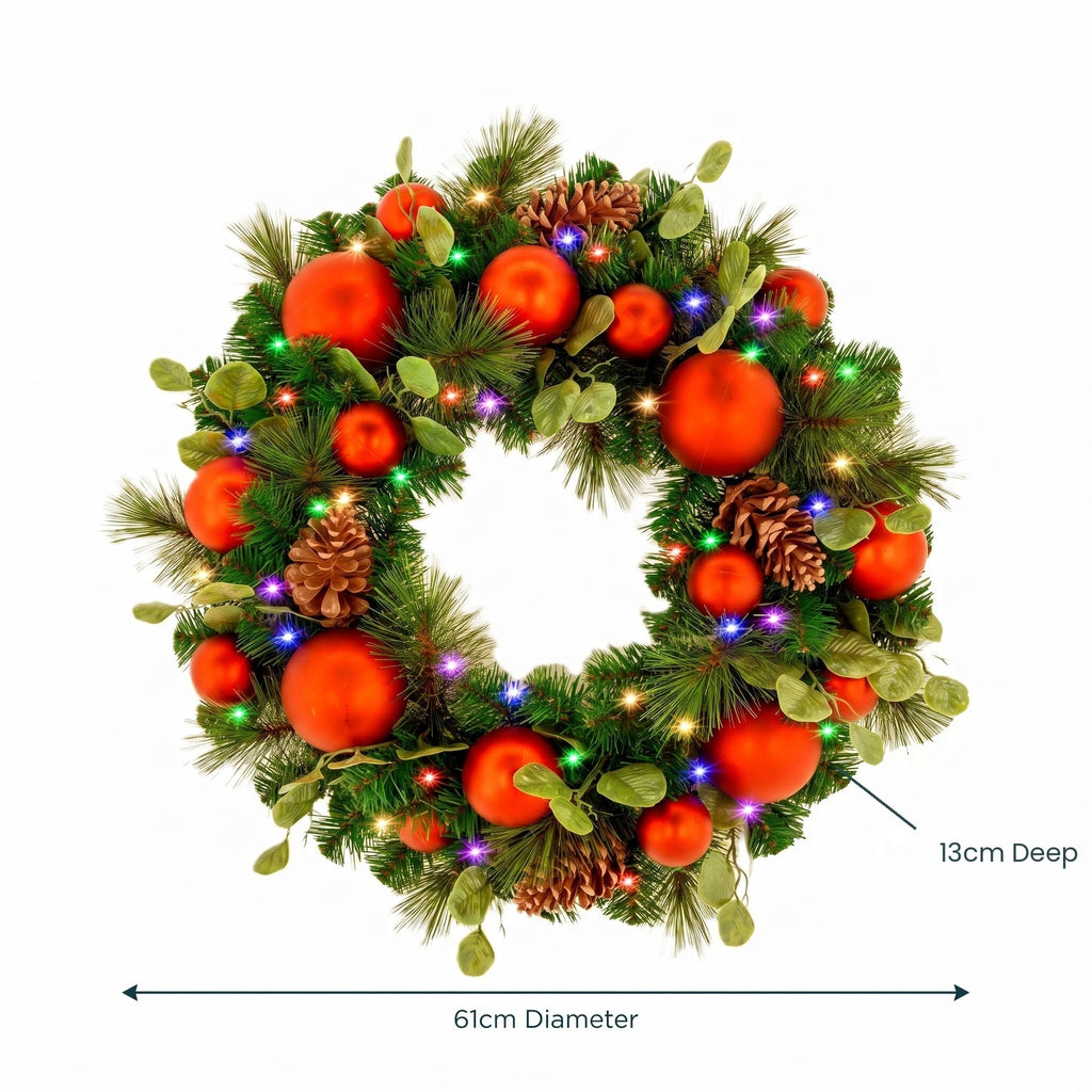 Christabelle 61cm Sable Fir Christmas Wreath Pre Lit Multi Function LED Eucalyptus Pine Cones Red Baubles Home