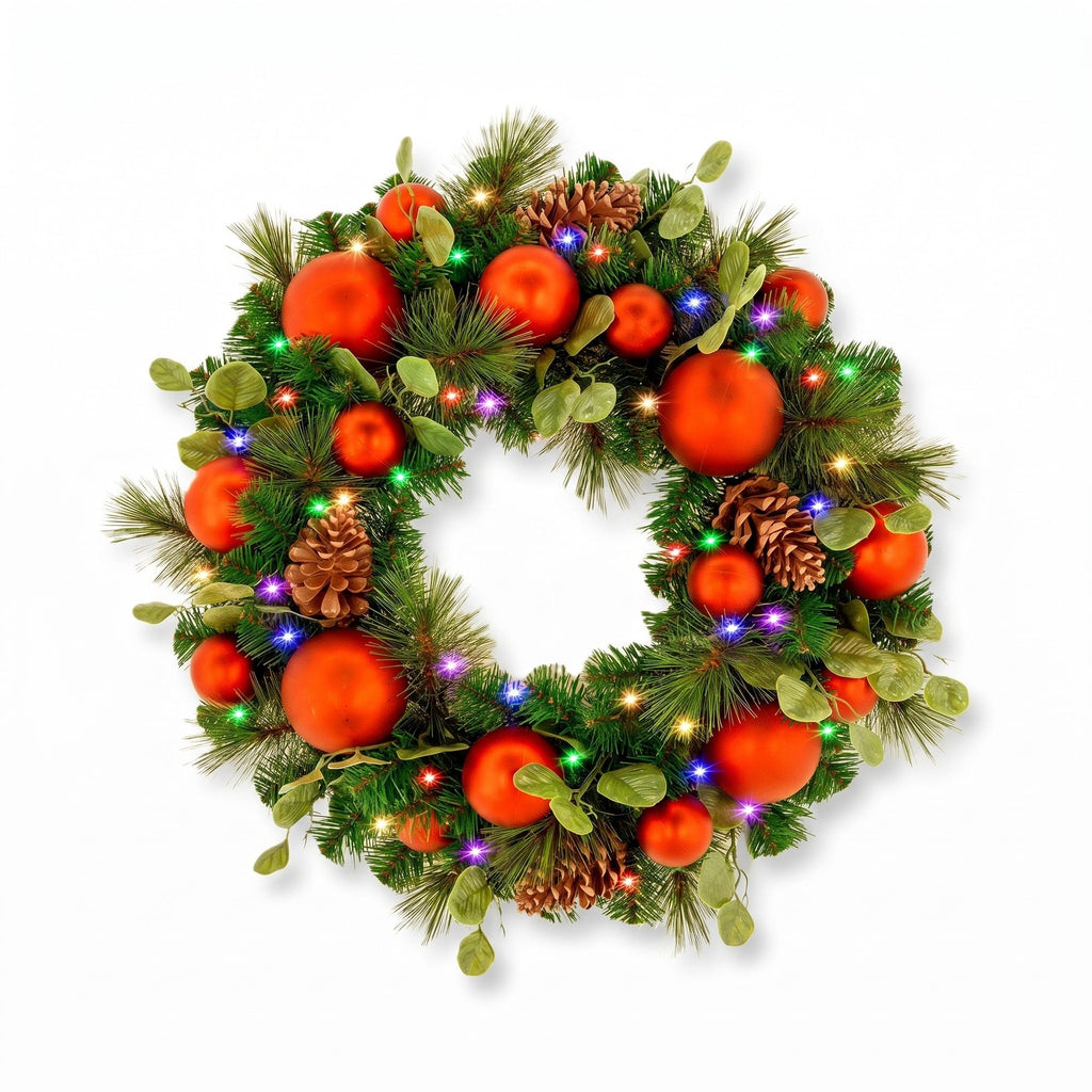 Christabelle 61cm Sable Fir Christmas Wreath Pre Lit Multi Function LED Eucalyptus Pine Cones Red Baubles Home
