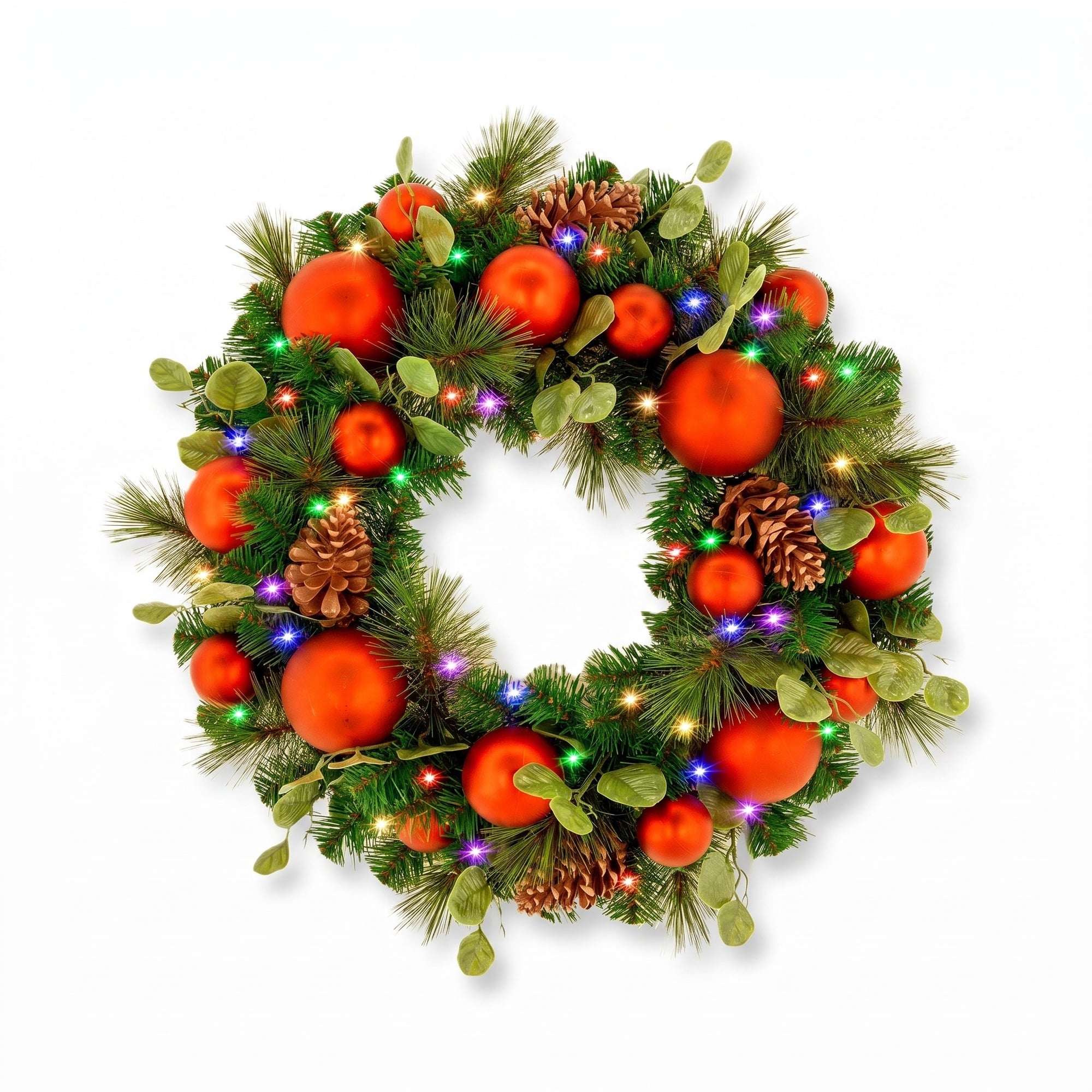Christabelle 61cm Sable Fir Christmas Wreath Pre Lit Multi Function LED Eucalyptus Pine Cones Red Baubles Home