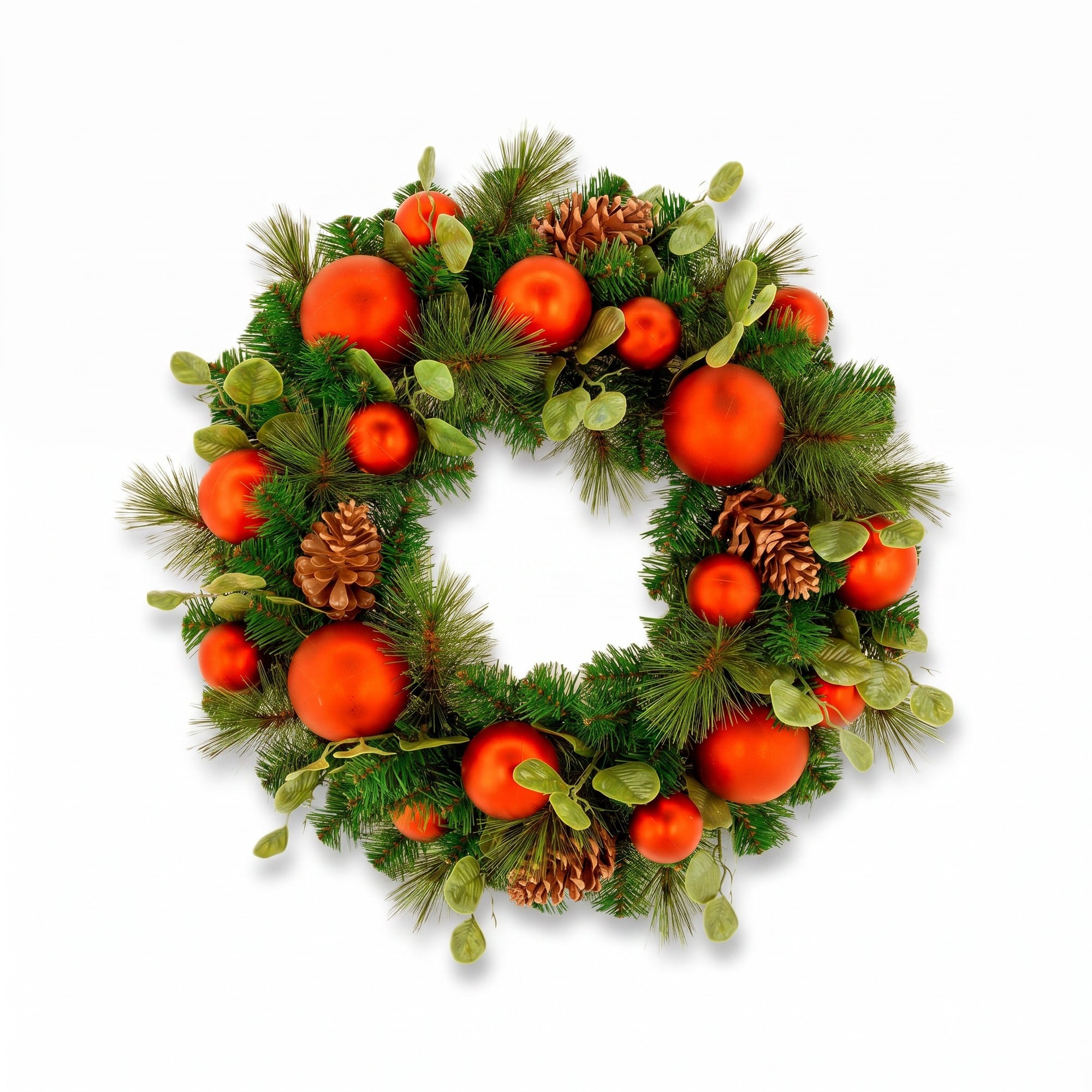 Christabelle 61cm Sable Fir Christmas Wreath Pre Lit Multi Function LED Eucalyptus Pine Cones Red Baubles Home