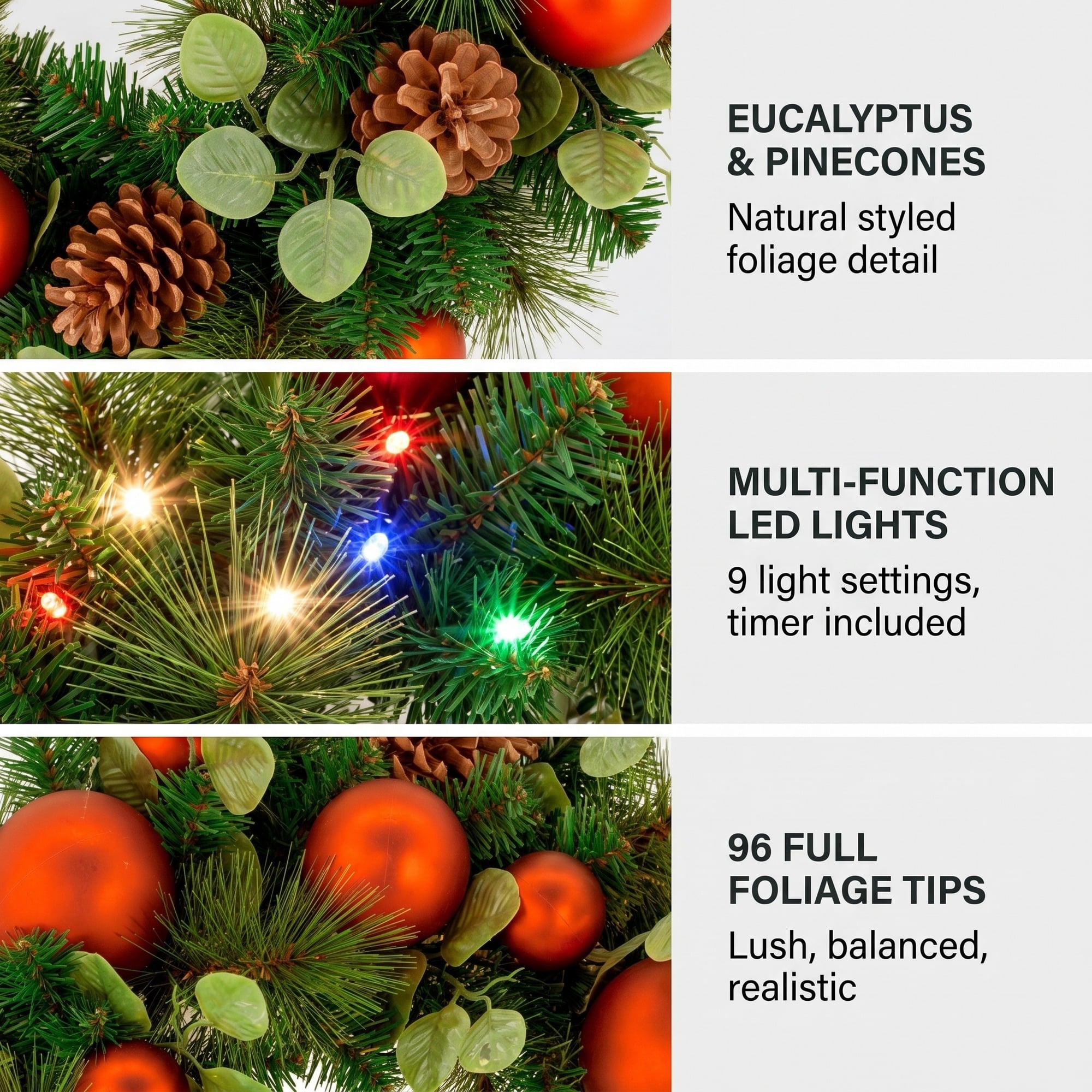 Christabelle 61cm Sable Fir Christmas Wreath Pre Lit Multi Function LED Eucalyptus Pine Cones Red Baubles Home