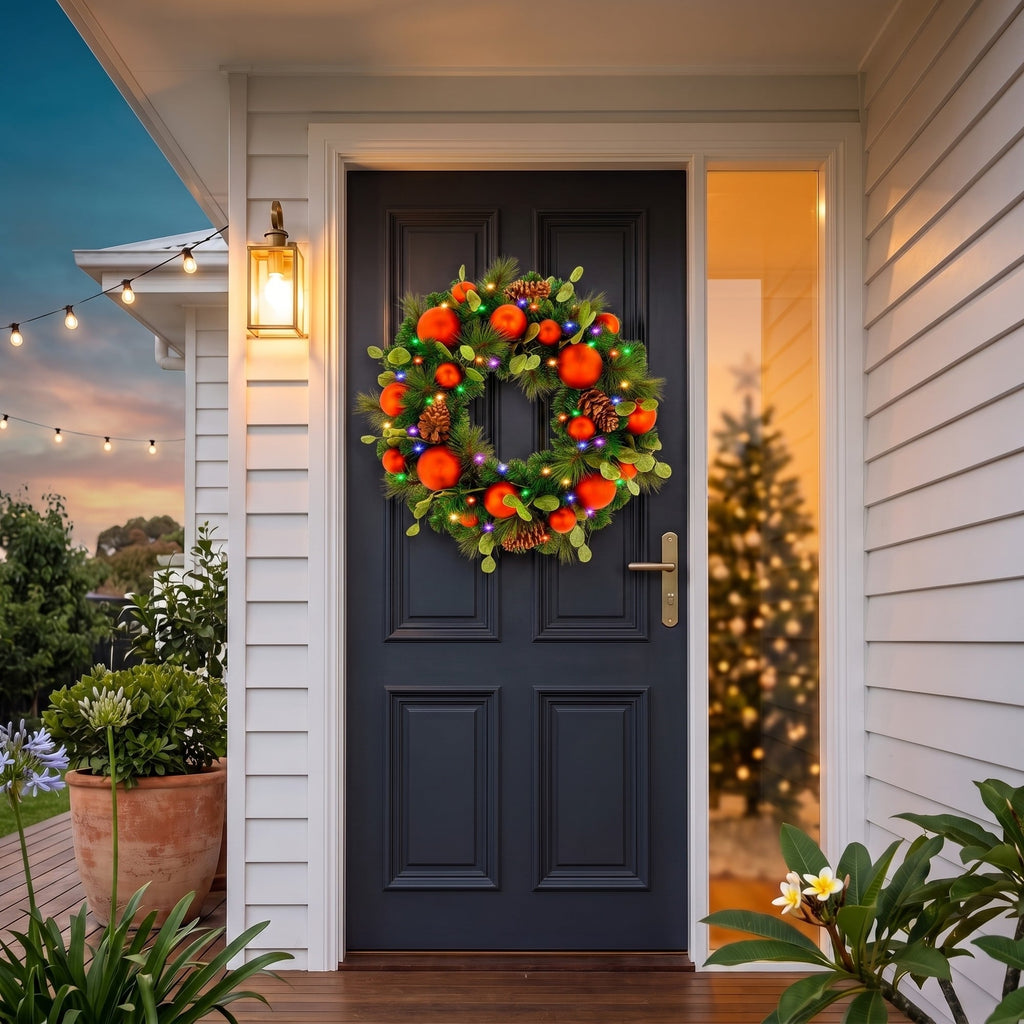 Christabelle 61cm Sable Fir Christmas Wreath Pre Lit Multi Function LED Eucalyptus Pine Cones Red Baubles Home