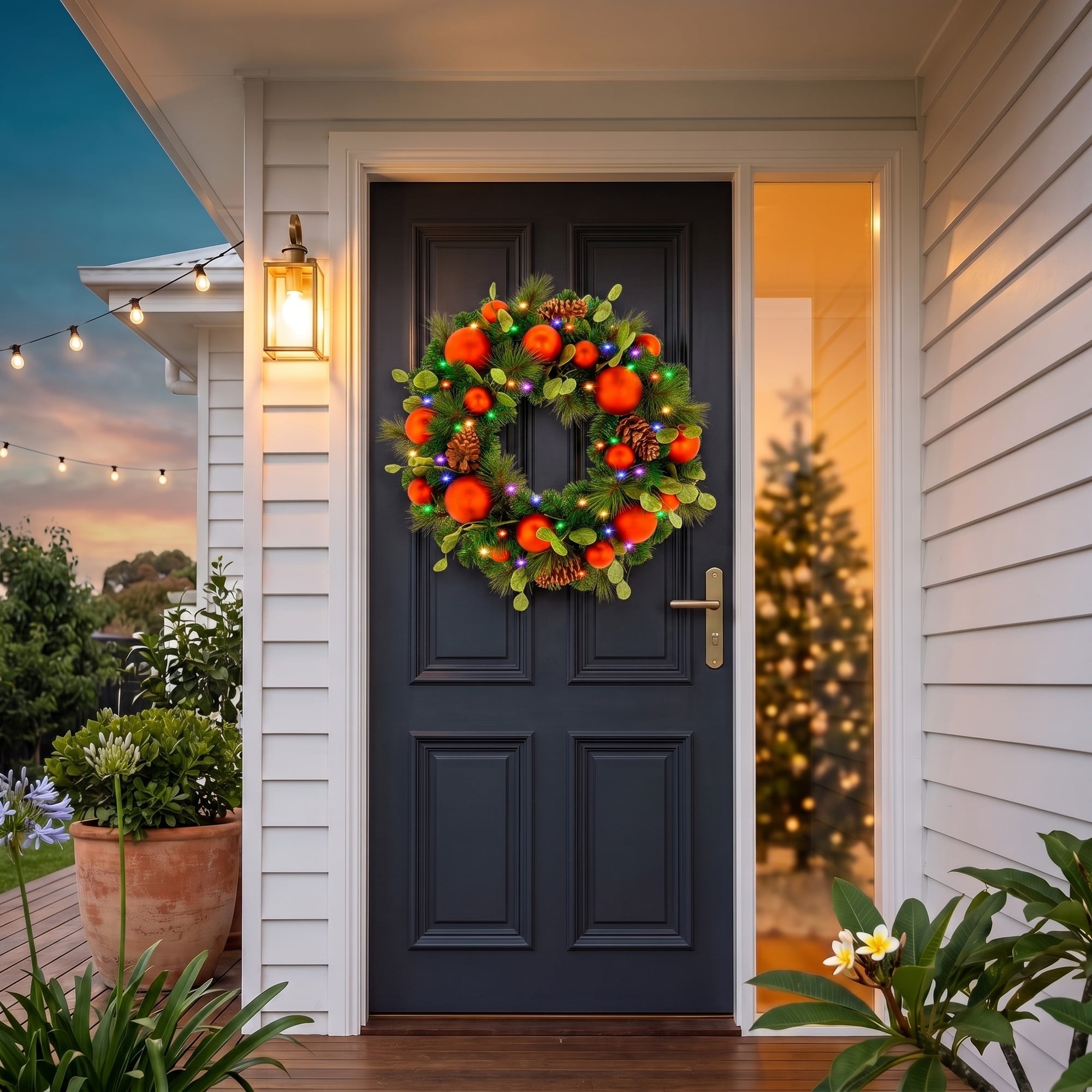 Christabelle 61cm Sable Fir Christmas Wreath Pre Lit Multi Function LED Eucalyptus Pine Cones Red Baubles Home