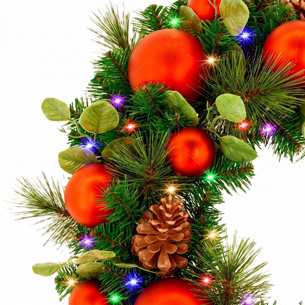 Christabelle 61cm Sable Fir Christmas Wreath Pre Lit Multi Function LED Eucalyptus Pine Cones Red Baubles Home
