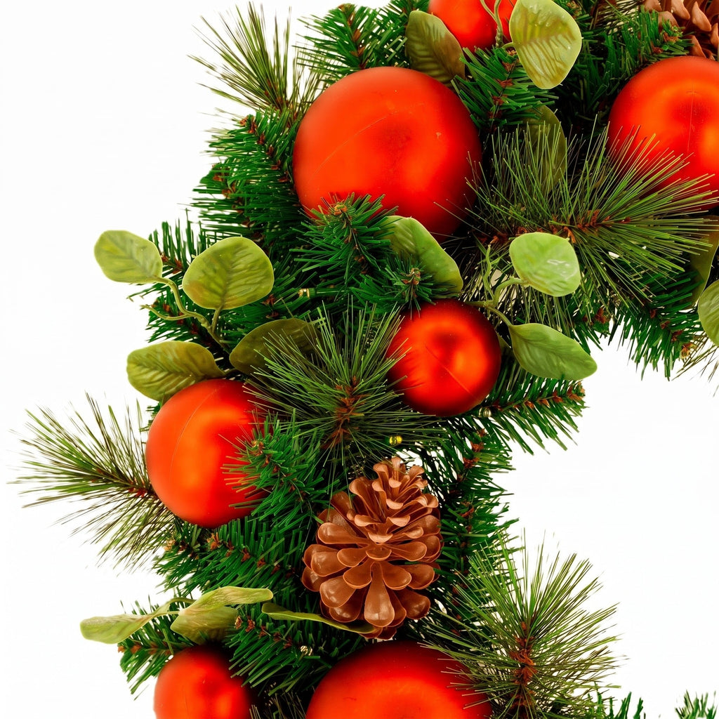 Christabelle 61cm Sable Fir Christmas Wreath Pre Lit Multi Function LED Eucalyptus Pine Cones Red Baubles Home