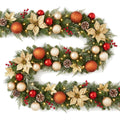 Christabelle 2.74m Timeless Elegance Christmas Garland Pre Lit Multi Function LED Gold Red Baubles Pine Cones Timer Home