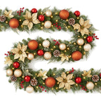 Christabelle 2.74m Timeless Elegance Christmas Garland Pre Lit Multi Function LED Gold Red Baubles Pine Cones Timer Home