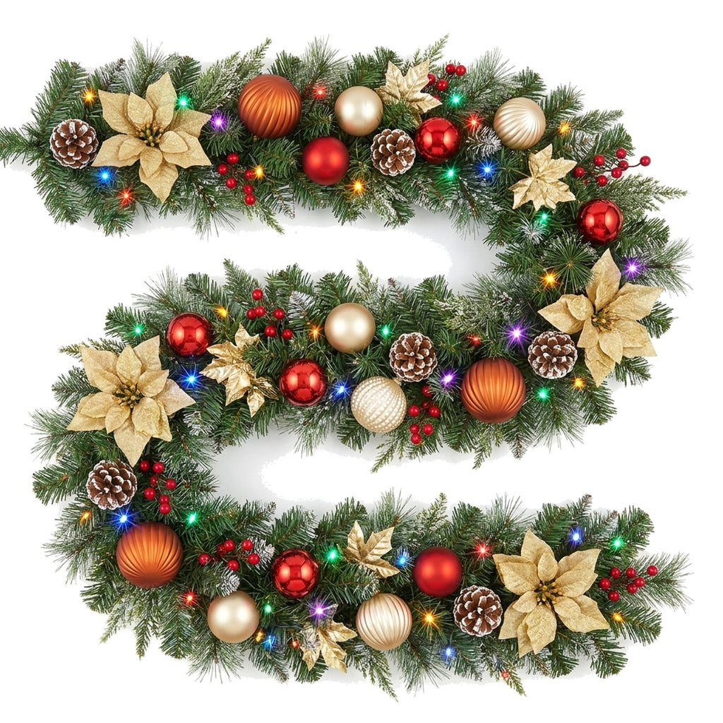Christabelle 2.74m Timeless Elegance Christmas Garland Pre Lit Multi Function LED Gold Red Baubles Pine Cones Timer Home