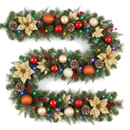 Christabelle 2.74m Timeless Elegance Christmas Garland Pre Lit Multi Function LED Gold Red Baubles Pine Cones Timer Home