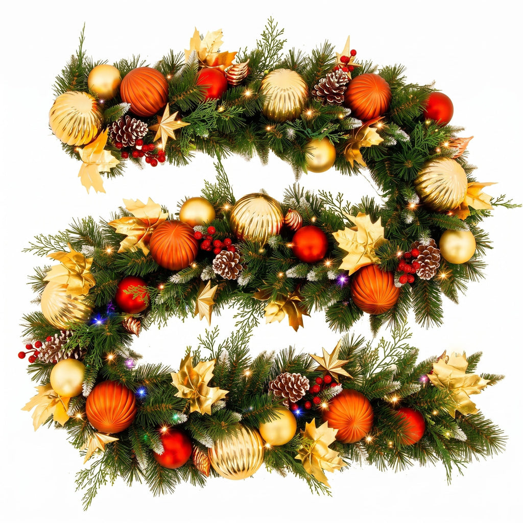 Christabelle 2.74m Timeless Elegance Christmas Garland Pre Lit Multi Function LED Gold Red Baubles Pine Cones Timer Home