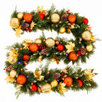 Christabelle 2.74m Timeless Elegance Christmas Garland Pre Lit Multi Function LED Gold Red Baubles Pine Cones Timer Home