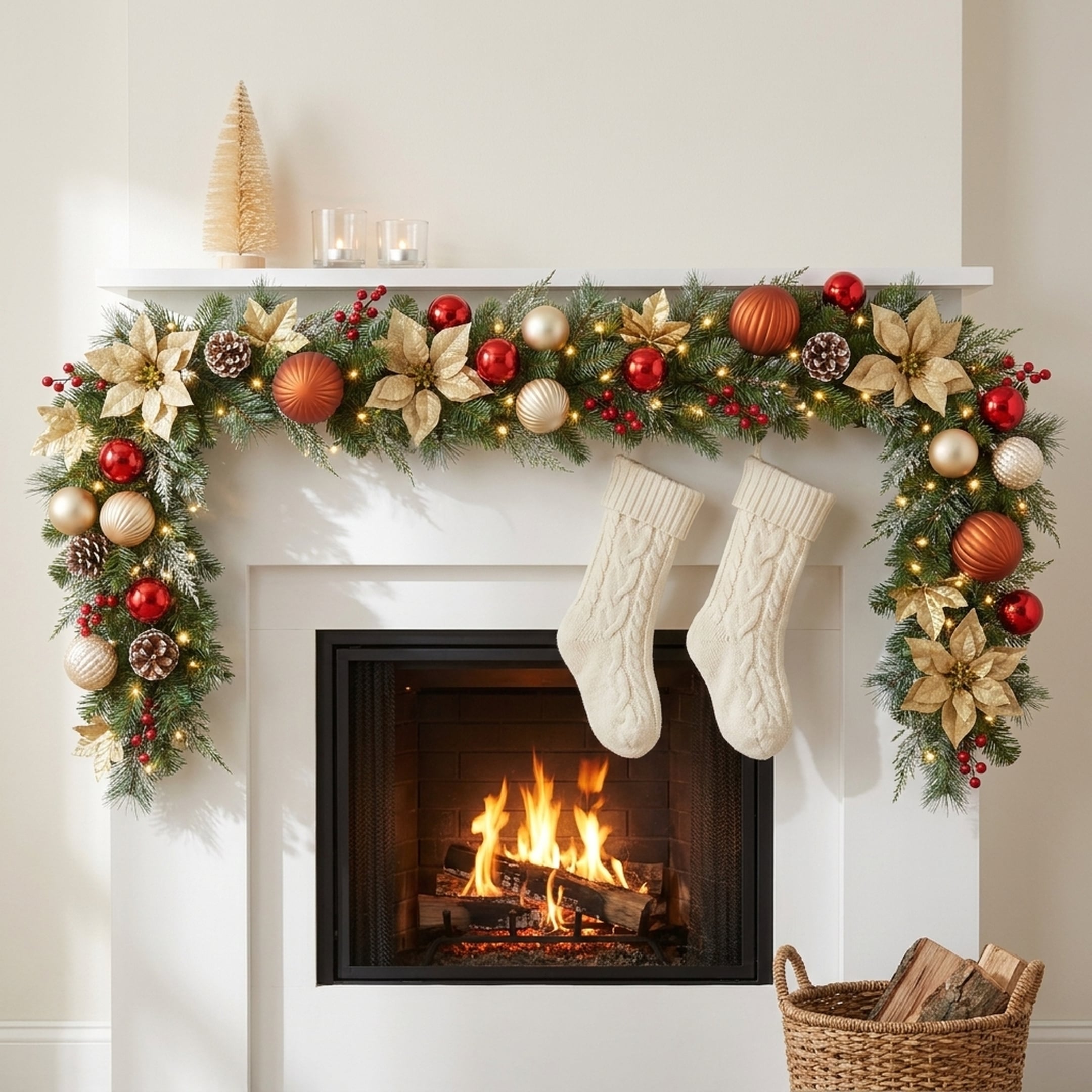 Christabelle 2.74m Timeless Elegance Christmas Garland Pre Lit Multi Function LED Gold Red Baubles Pine Cones Timer Home