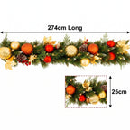 Christabelle 2.74m Timeless Elegance Christmas Garland Pre Lit Multi Function LED Gold Red Baubles Pine Cones Timer Home