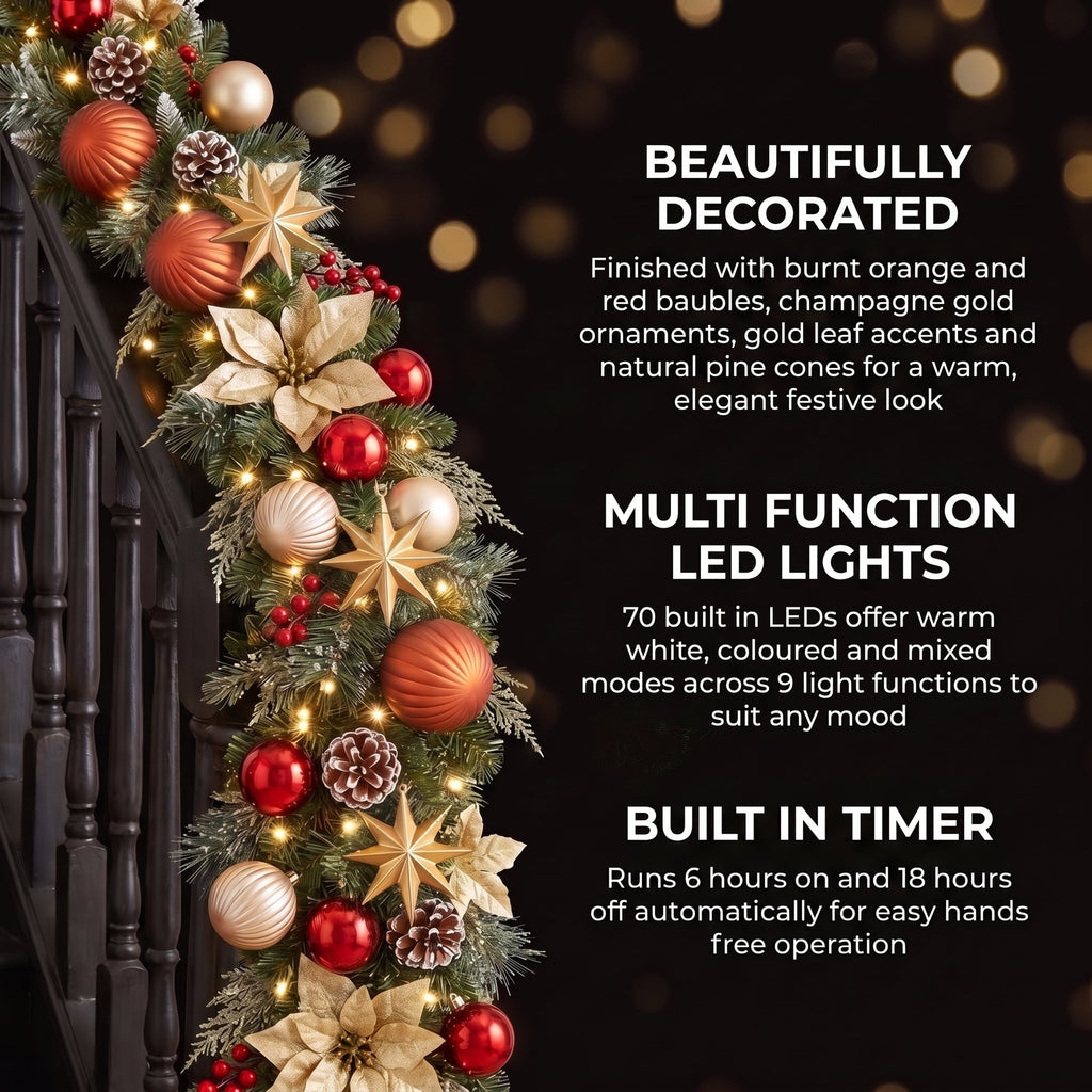 Christabelle 2.74m Timeless Elegance Christmas Garland Pre Lit Multi Function LED Gold Red Baubles Pine Cones Timer Home