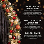 Christabelle 2.74m Timeless Elegance Christmas Garland Pre Lit Multi Function LED Gold Red Baubles Pine Cones Timer Home