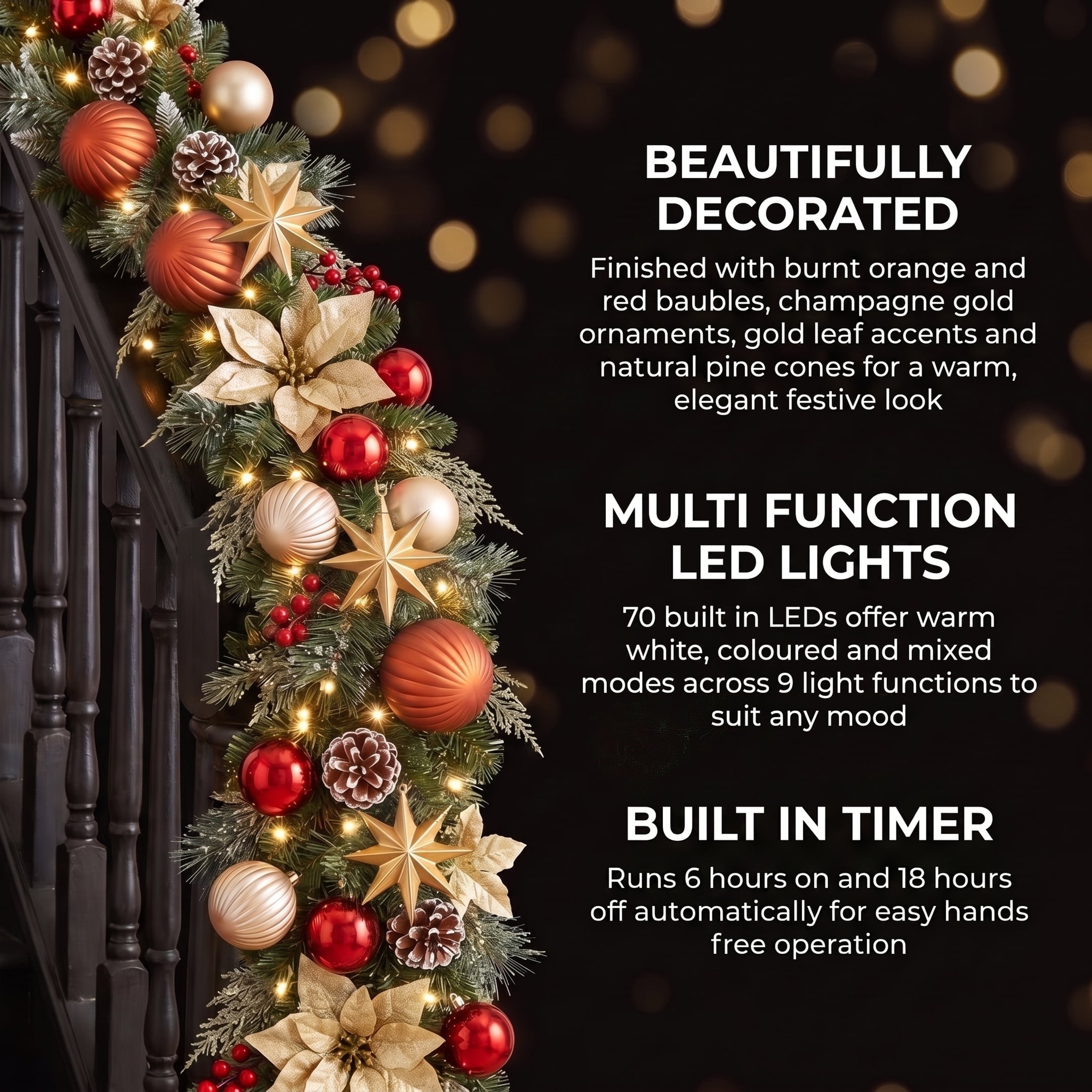 Christabelle 2.74m Timeless Elegance Christmas Garland Pre Lit Multi Function LED Gold Red Baubles Pine Cones Timer Home